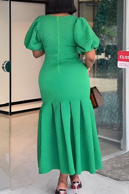 Chic V-Neck Puff Sleeve Pleated Dress