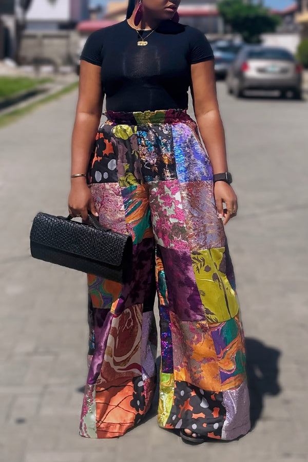 Retro High Waist Printed Wide Leg Pants