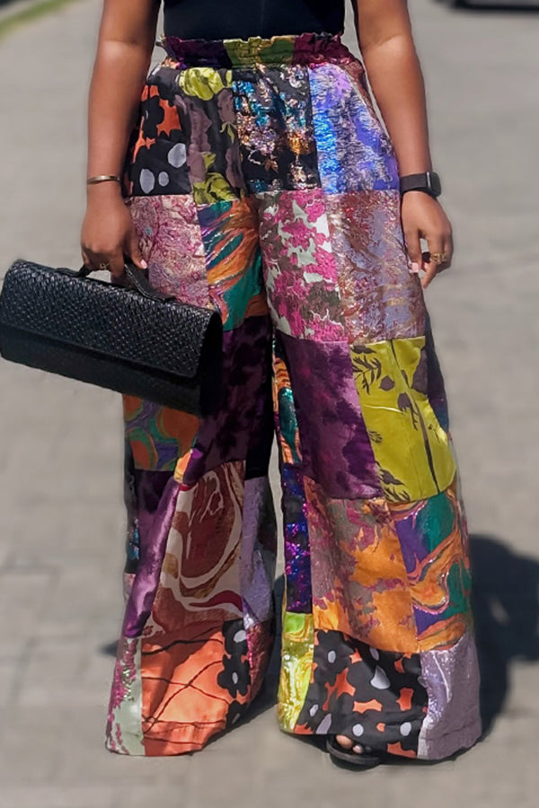Retro High Waist Printed Wide Leg Pants