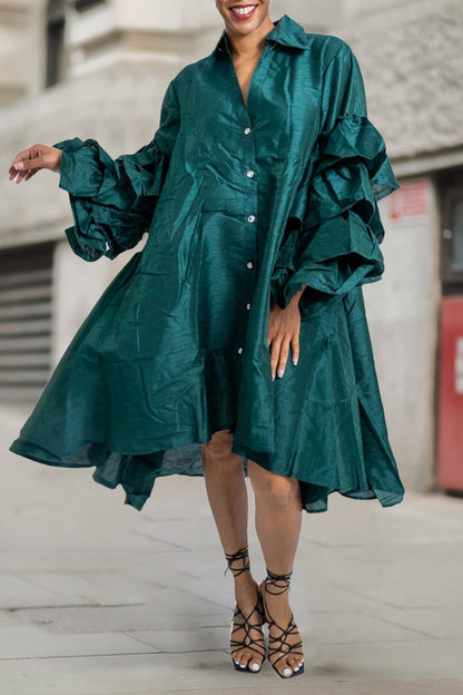 Casual Ruffle Sleeve A-Line Shirt Dress