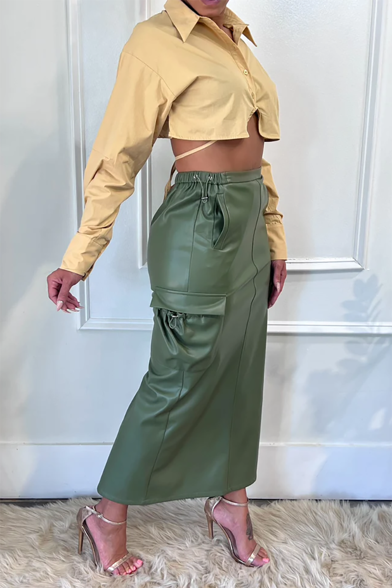 Elastic Waist Pockets PU Leather Midi Skirt-Green