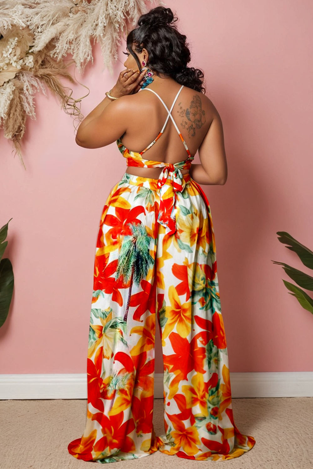 V Neck Back Cross Cami Floral Print Vacay Wide Leg Jumpsuit-Red [Pre Order]