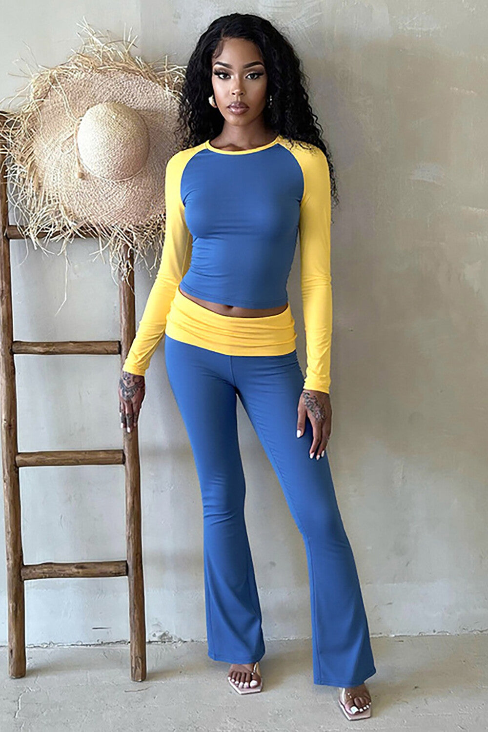 Colorblock Long Sleeve Round Neck Top Flared Pants Casual 2pcs Set-Fuchsia