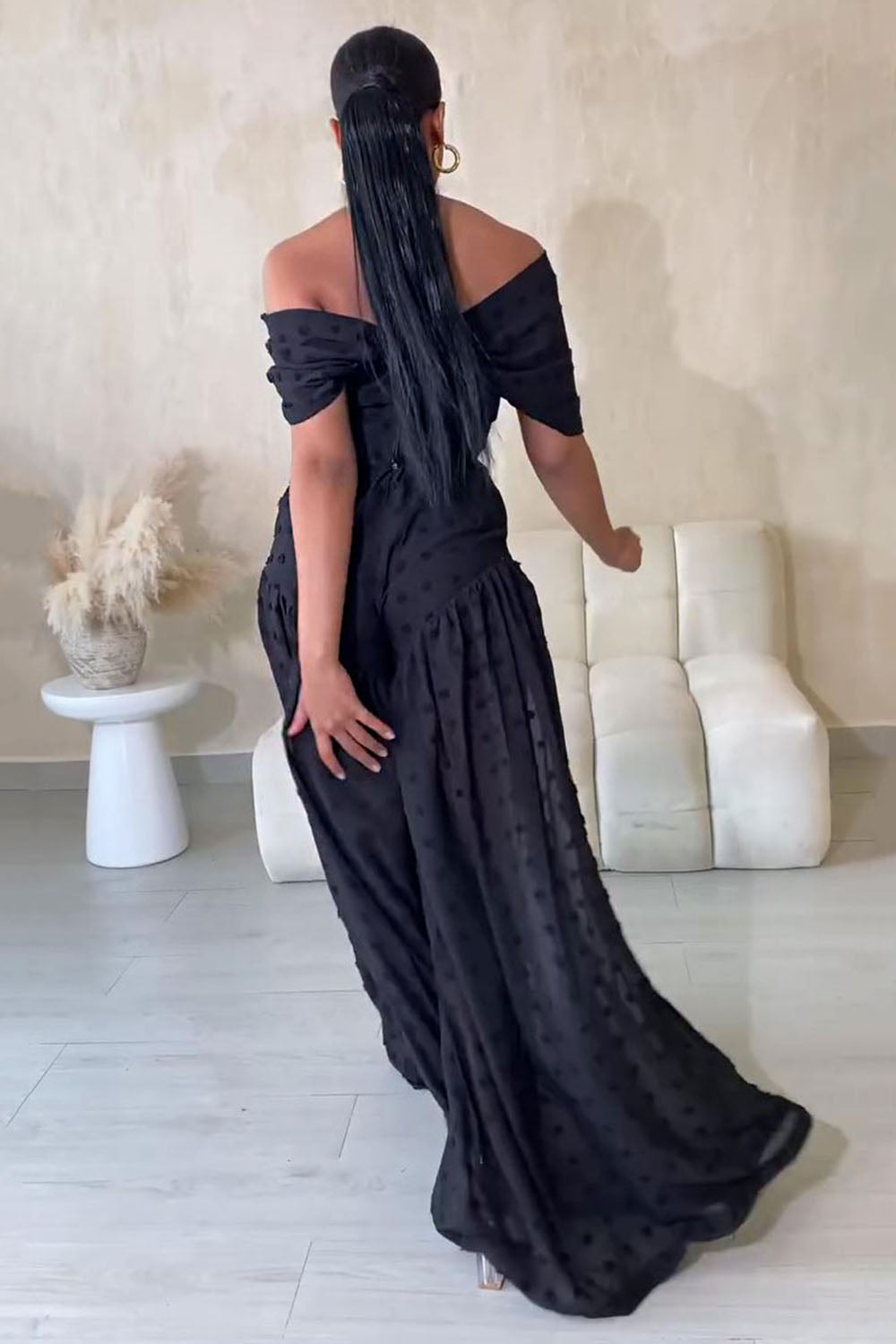 Polka Dot Off Shoulder Crop Top Wide Leg Pants 2pcs Set-Black [Pre Order]
