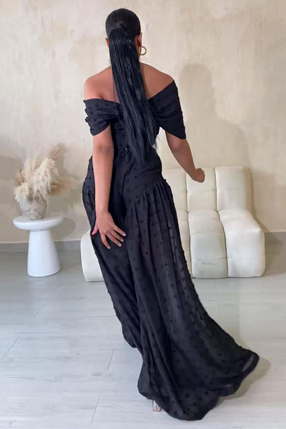 Polka Dot Off Shoulder Crop Top Wide Leg Pants 2pcs Set-Black [Pre Order]