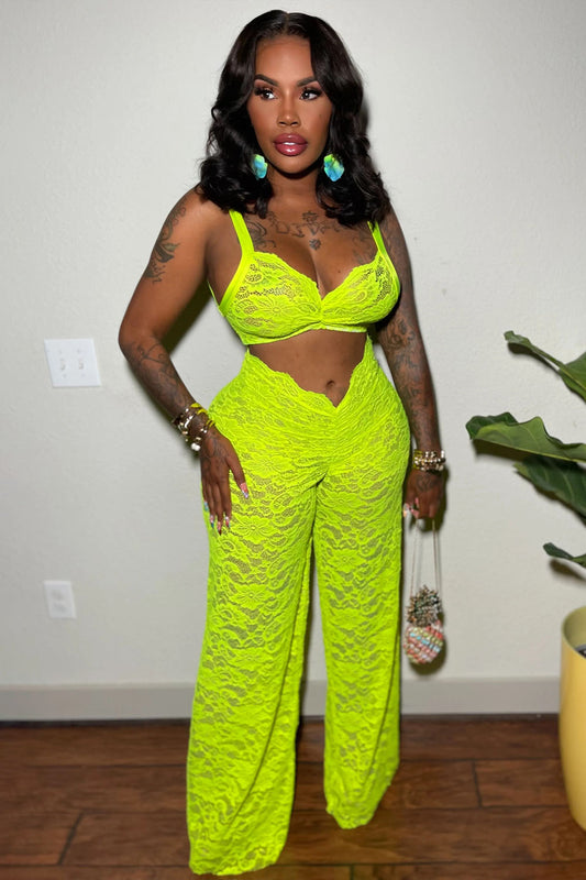 Lace Cami Bikini Top V-Rise Wide Leg Pants Party 2pcs Set-Green [Pre Order]