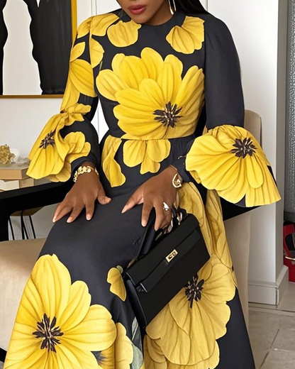 Women Fashion Elegant Formal Round Neck 3/4 Sleeves Floral Pattern Maxi Dress