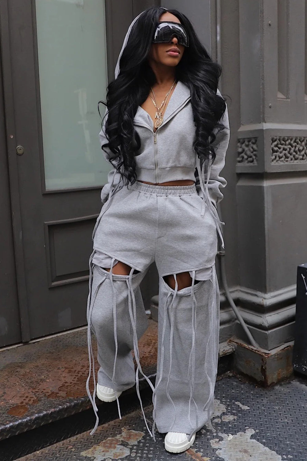 Fringe Zip-Up Crop Hoodie Ripped Wide Leg Pants 2pcs Set-Gray [Pre Order]
