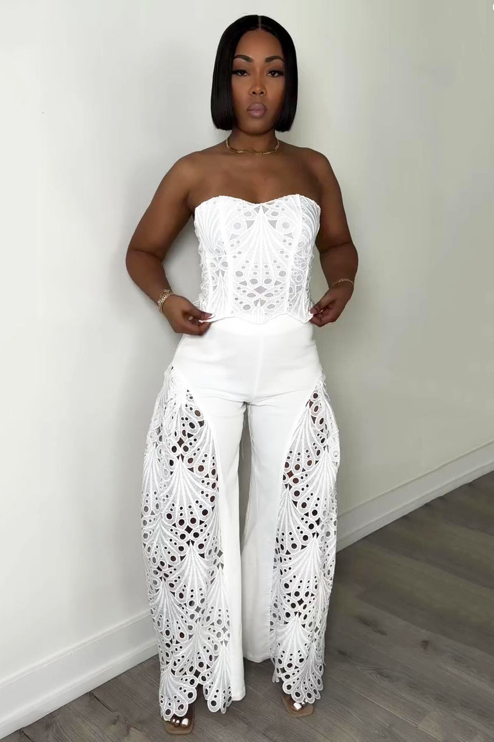 Corset Tube Top Cutwork Patchwork Pants Vacation 2pcs Set-White