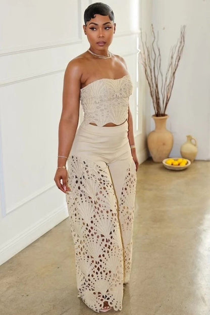 Corset Tube Top Cutwork Patchwork Pants Vacation 2pcs Set-White