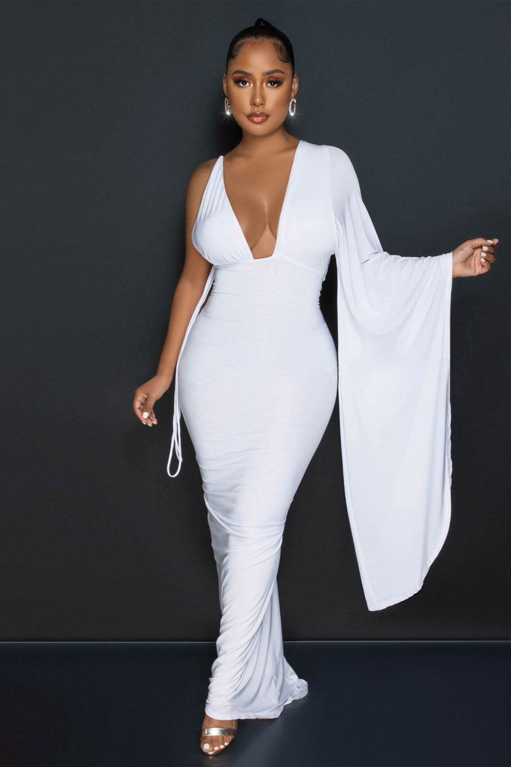 V Neck Asymmetric Backless Slim-Fit Party Maxi Dresses-White