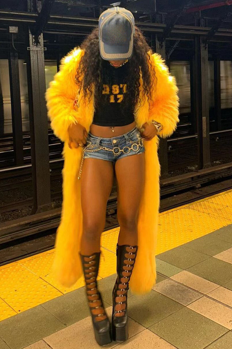 Faux Fur Solid Color Plush Coat-Yellow