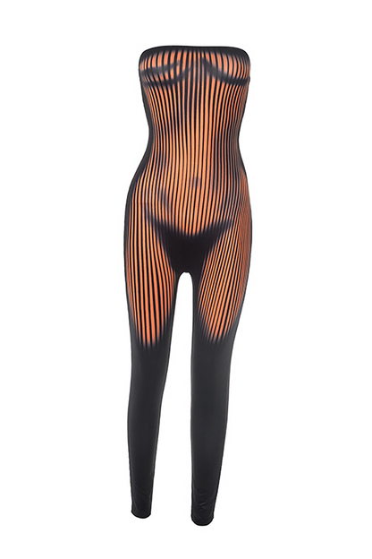 Striped Print Boat Neck Strapless Skinny Jumpsuit-Black