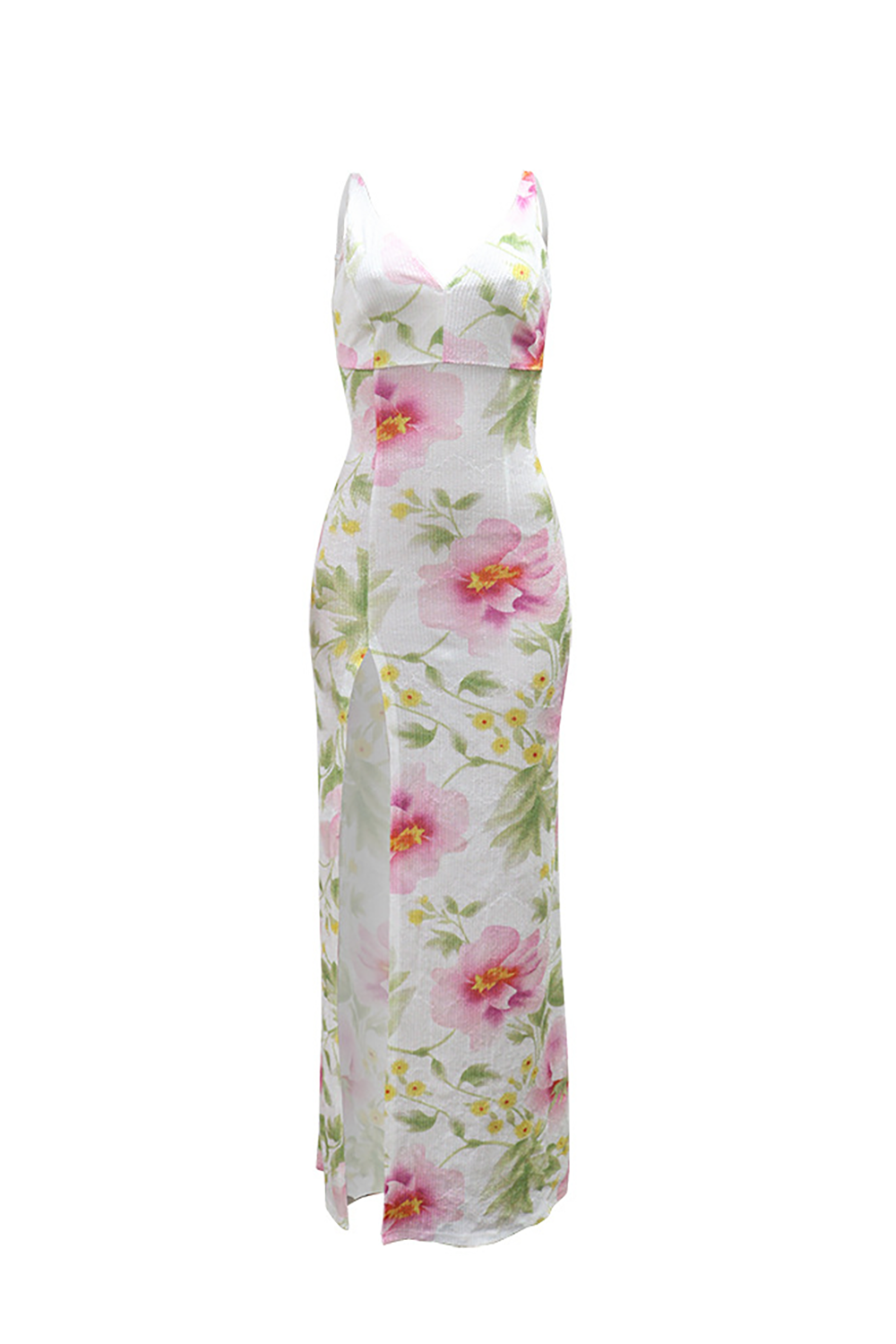 Sequin Floral Pattern V Neck Backless Slit Sleeveless Maxi Dresses-White