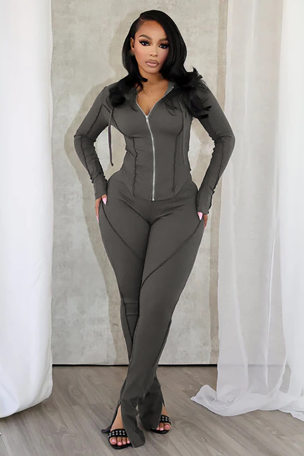Zipper Long Sleeve Hoodie Slit Slim Fit Solid Color Pants 2pcs Set-Gray