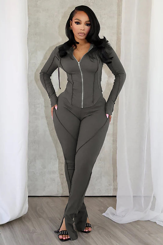 Zipper Long Sleeve Hoodie Slit Slim Fit Solid Color Pants 2pcs Set-Gray