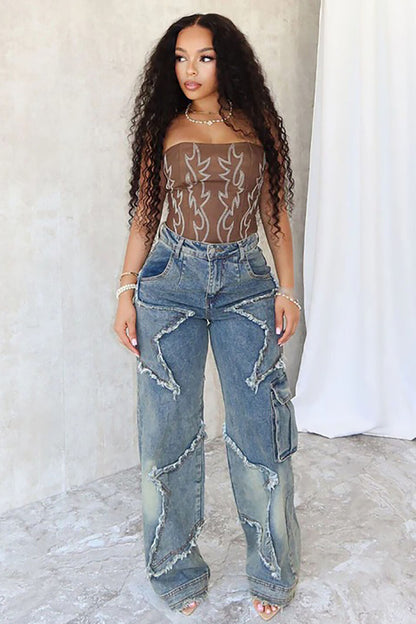 Denim Star Pattern Raw Edge High Waist Straight Leg Jeans-Blue