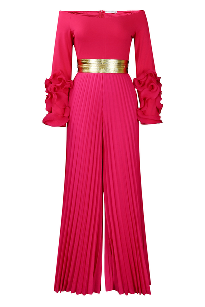 Off Shoulder Ruffled Long Sleeve Pleated Wide Leg Jumpsuit-Yellow