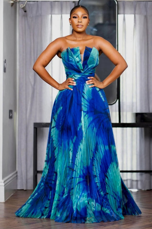 Irregular Strapless Neck Print Pleated Party Maxi Dresses-Blue [Pre Order]