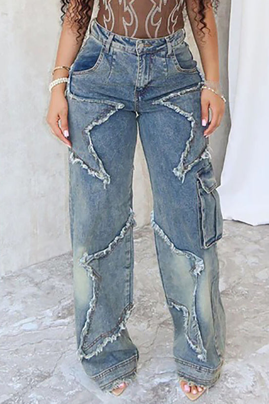 Denim Star Pattern Raw Edge High Waist Straight Leg Jeans-Blue