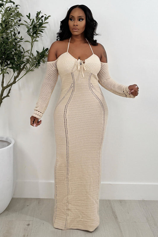 Halter Long Sleeve Hollow Out Knit Vacation Maxi Dresses-Beige [Pre Order]