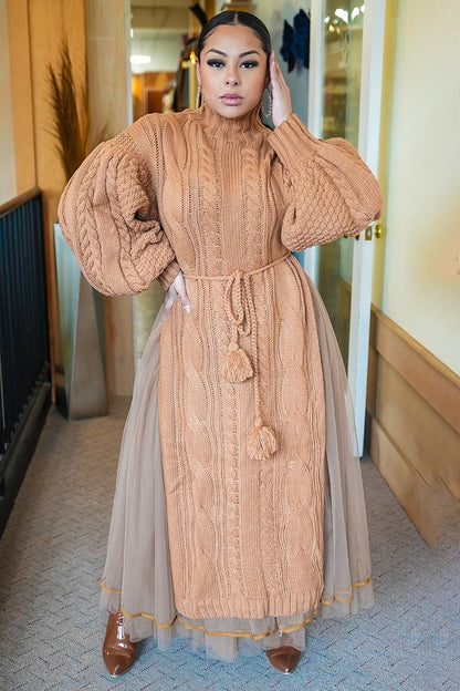 Weave Pattern Knit Lantern Sleeve Slit Maxi Dresses Tulle Maxi Skirt Matching Set