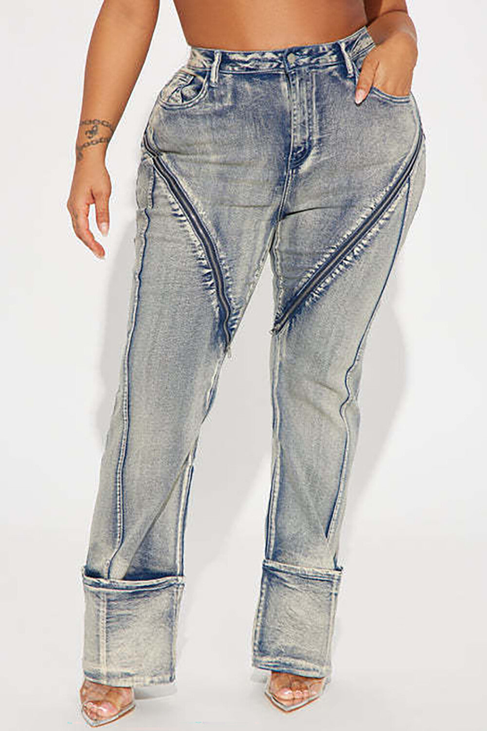 Denim High Waist Zippers Patchwork Straight Leg Casual Jeans-Blue