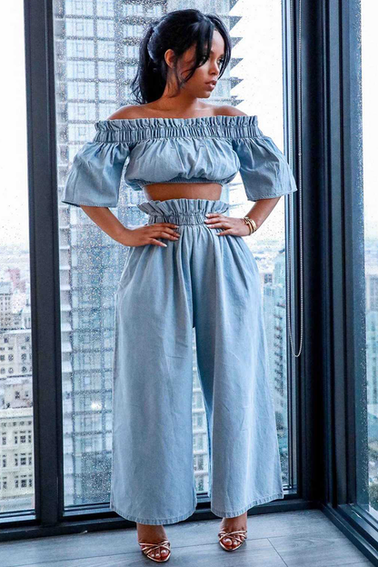 Denim Off Shoulder Half Sleeve Crop Top Elastic Waist Wide Leg Pants Matching Set-Light Blue