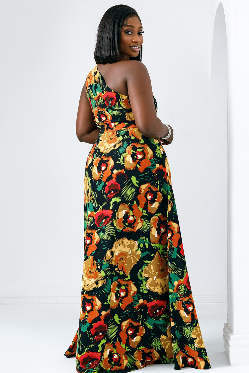 One Shoulder Sleeveless Floral Print Party Maxi Dresses-Black [Pre Order]