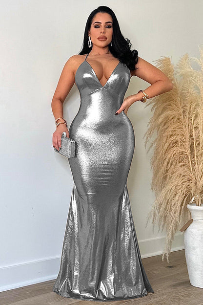 Deep V Neck Metallic Finish Fishtail Hem Backless Party Slip Maxi Dresses-Gold