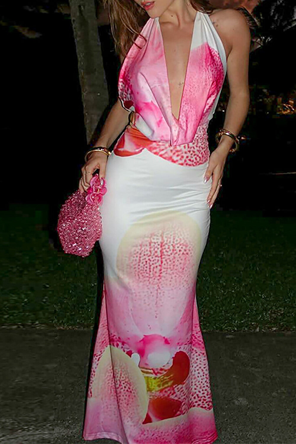 Halter Cowl Neckline Floral Print Bodycon Vacation Maxi Dresses-Pink