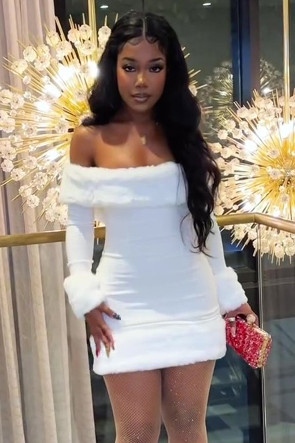 Off Shoulder Long Sleeve Fuzzy Trim Party Mini Dresses-White [Pre Order]