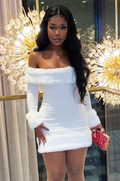 Off Shoulder Long Sleeve Fuzzy Trim Party Mini Dresses-White [Pre Order]
