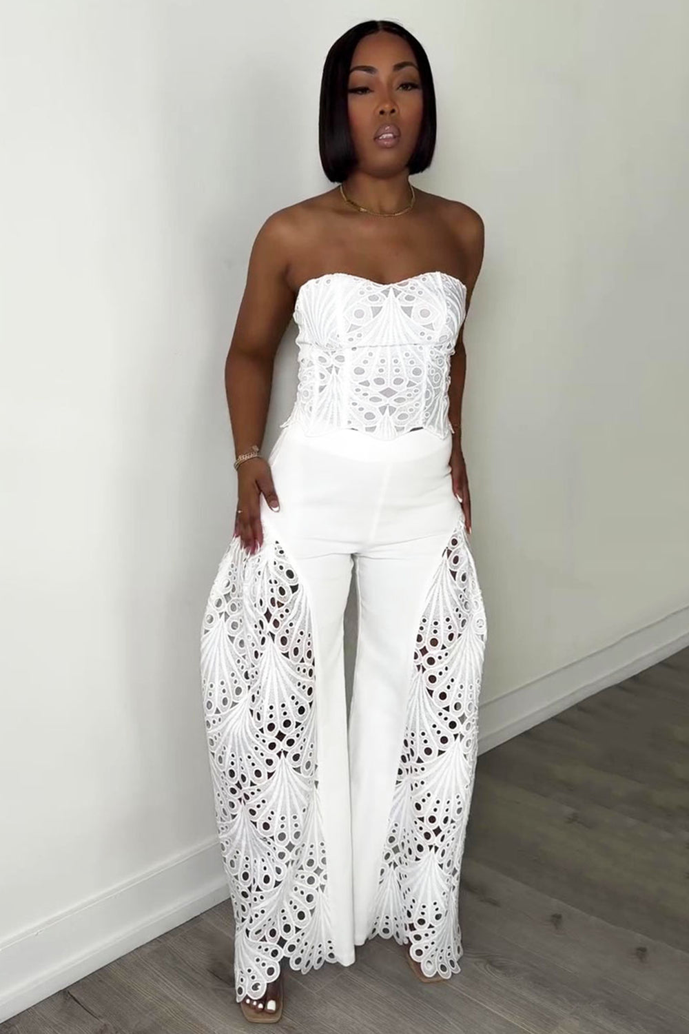 Corset Tube Top Cutwork Patchwork Pants Vacation 2pcs Set-White