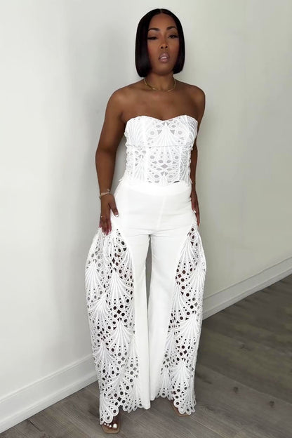 Corset Tube Top Cutwork Patchwork Pants Vacation 2pcs Set-White