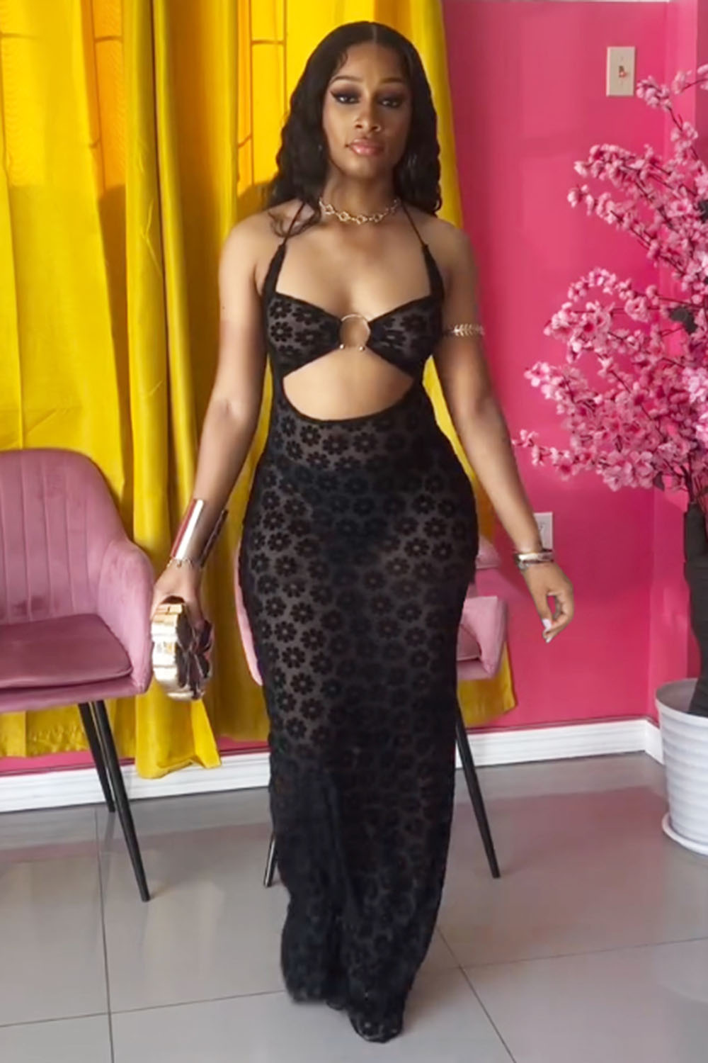 Halter O-Ring Cutout Floral Mesh Sheer Party Maxi Dresses-Black [Pre Order]