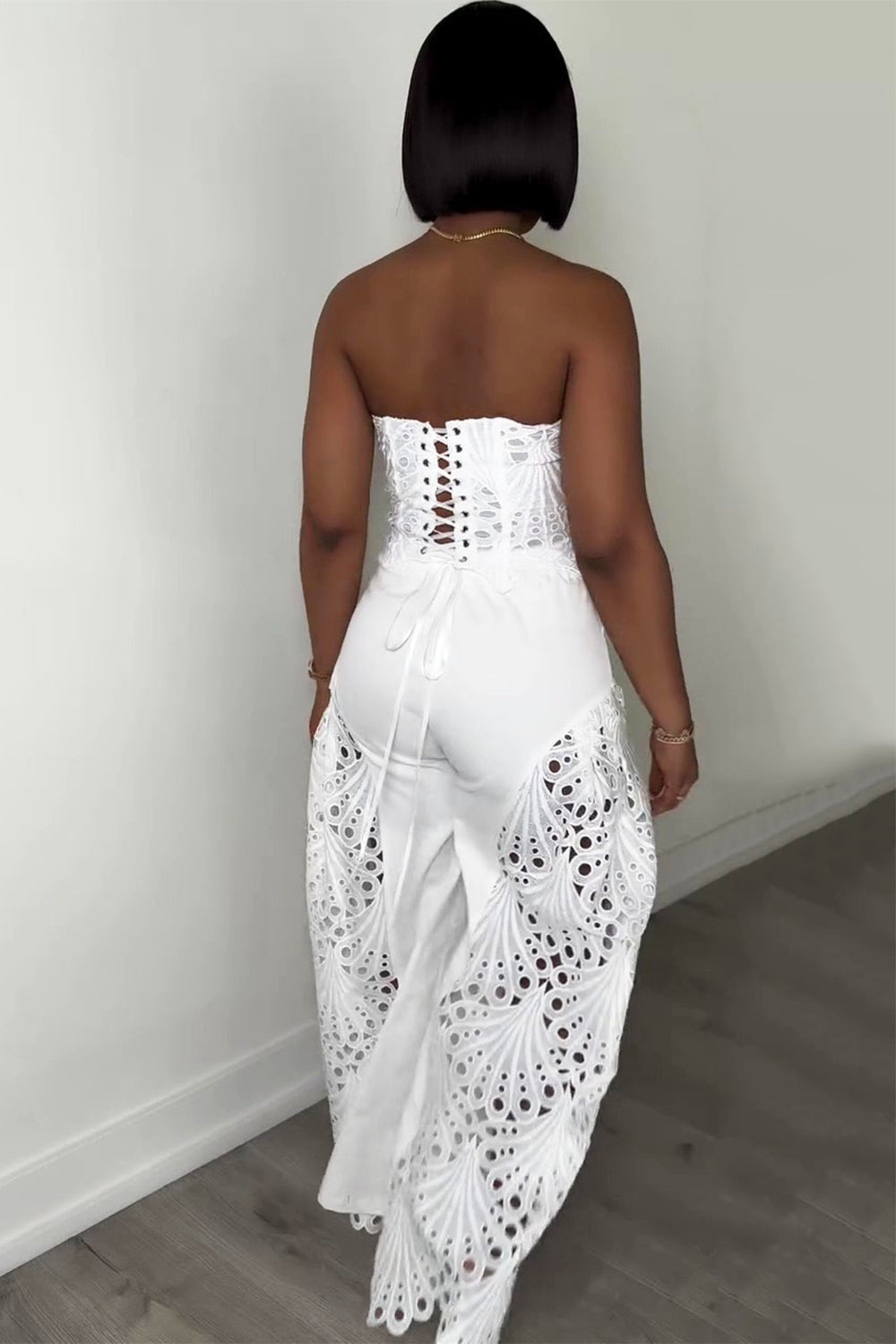 Corset Tube Top Cutwork Patchwork Pants Vacation 2pcs Set-White