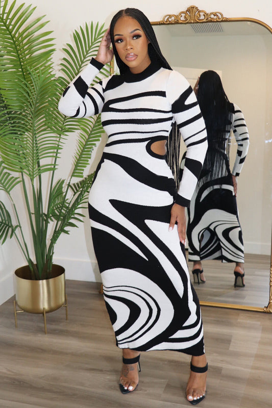 Knit Geometric Print Long Sleeve Cutout Bodycon Sweater Maxi Dresses-Black