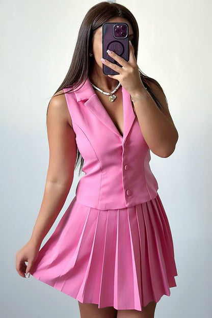 V Neck Button Up Vest Solid Color Pleated Mini Skirt 2pcs Set-White