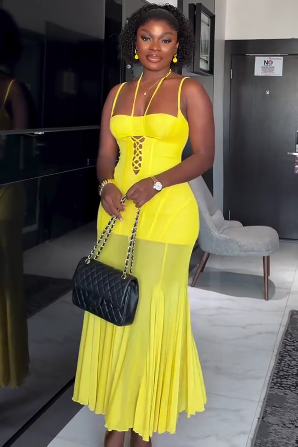 Cami Halter Lace-Up Godet Mesh Hem Party Maxi Dresses-Yellow [Pre Order]