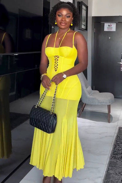 Cami Halter Lace-Up Godet Mesh Hem Party Maxi Dresses-Yellow [Pre Order]