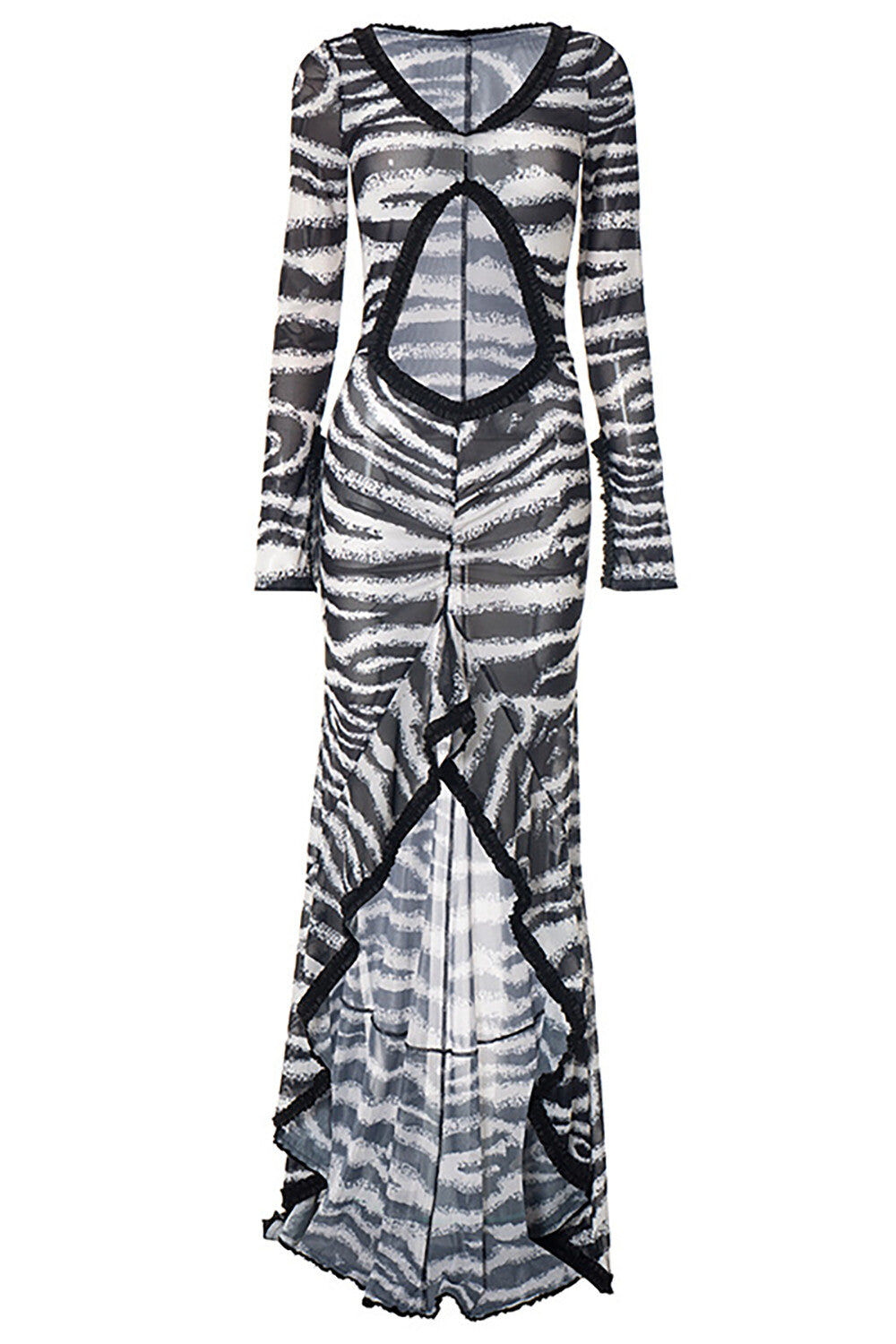 Zebra Print Frilled Cutout Long Sleeve Slit Hem Fitted Maxi Dresses-Black