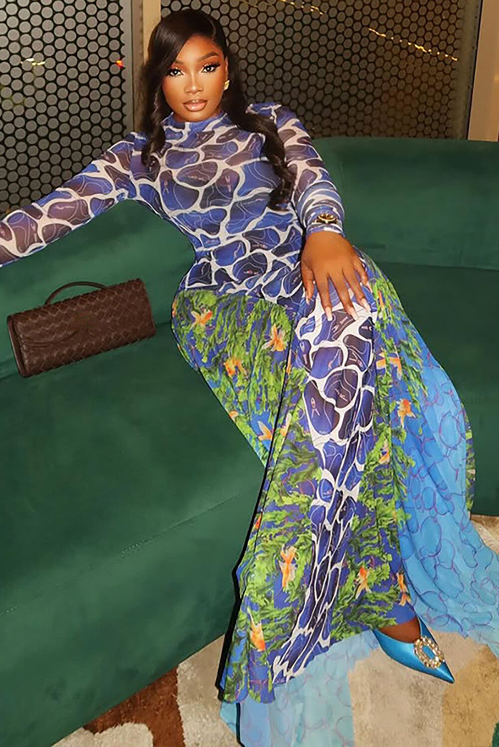 Floral Mixed Print Long Sleeve Colorblock Maxi Dresses-Blue
