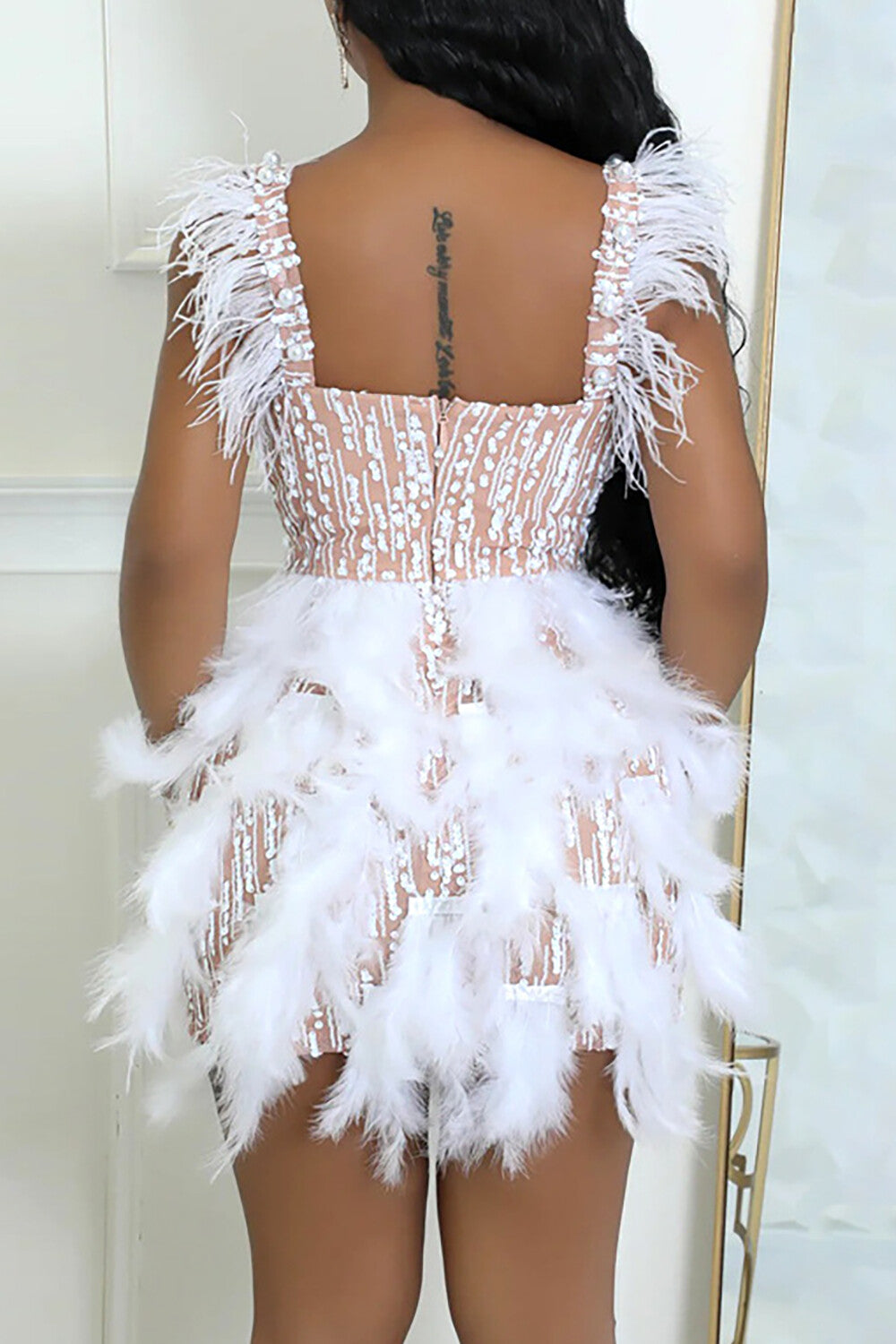 Feather Patchwork Bodycon Sequin Slip Mini Dresses-Beige