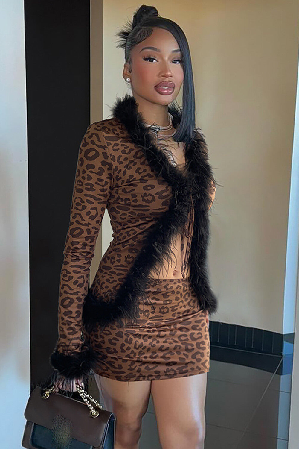 Faux Fur Trim Tie Up Long Sleeve Top Leopard Print Mini Skirt 2pcs Set-Brown