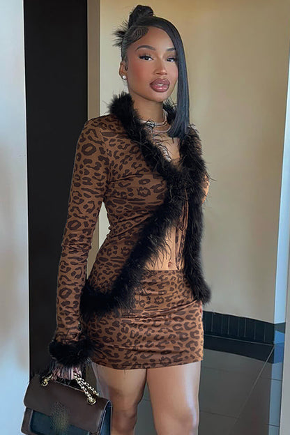 Faux Fur Trim Tie Up Long Sleeve Top Leopard Print Mini Skirt 2pcs Set-Brown