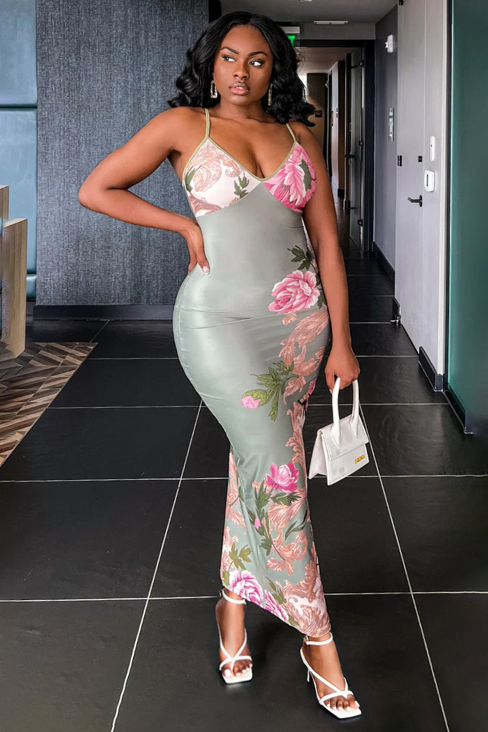 V Neck Floral Print Bodycon Party Daily Maxi Slip Dresses-Green [Pre Order]