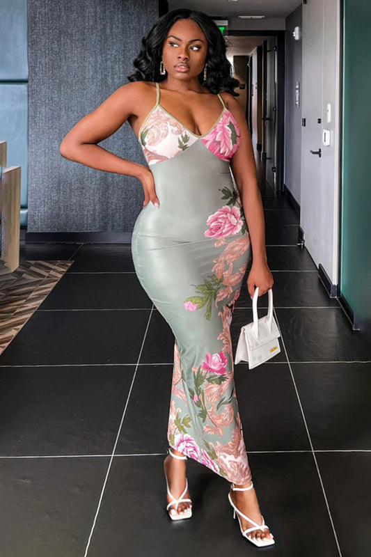 V Neck Floral Print Bodycon Party Daily Maxi Slip Dresses-Green [Pre Order]