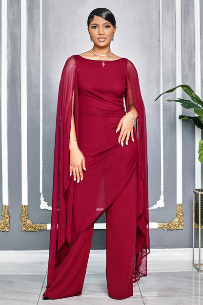 Boat Neck Mesh Slit Sleeve Asymmetric Layer Party Jumpsuit-Black [Pre Order]
