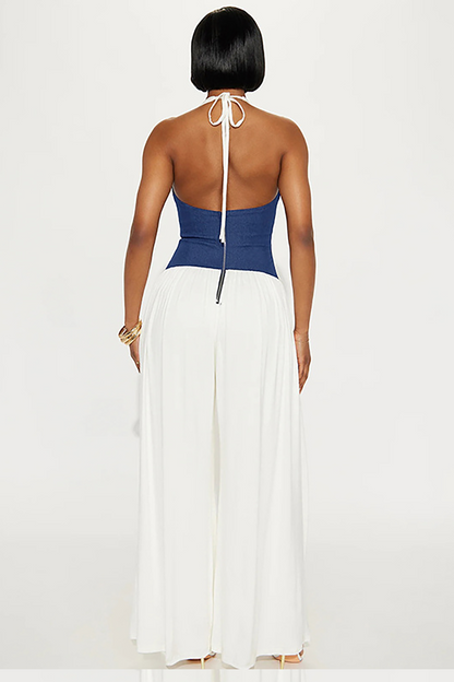 Colorblock Cinch Waist V Neck Halter Wide Leg Jumpsuit-White